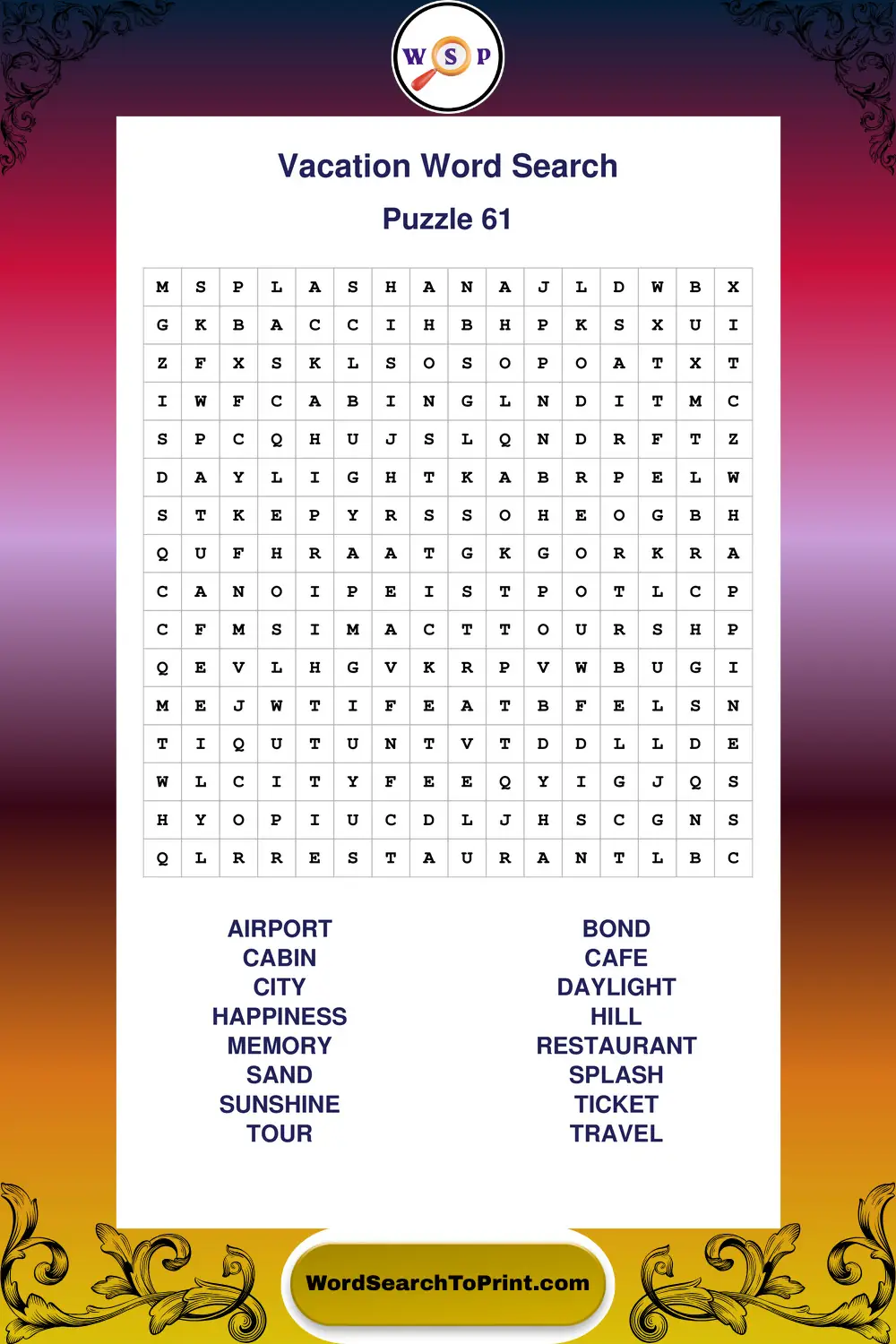Vacation Word Search Puzzle 61