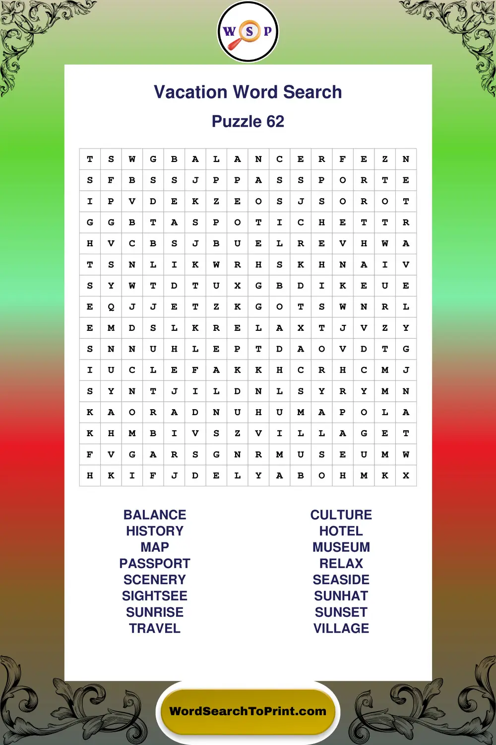 Vacation Word Search Puzzle 62