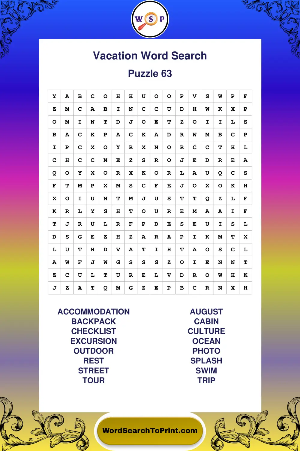 Vacation Word Search Puzzle 63