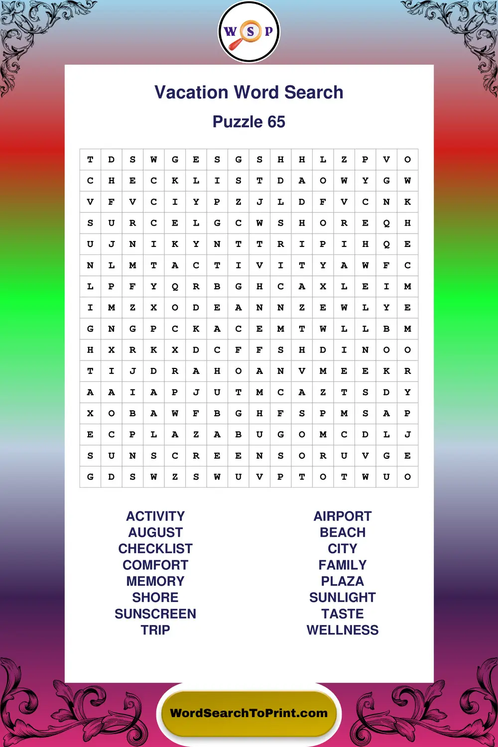 Vacation Word Search Puzzle 65
