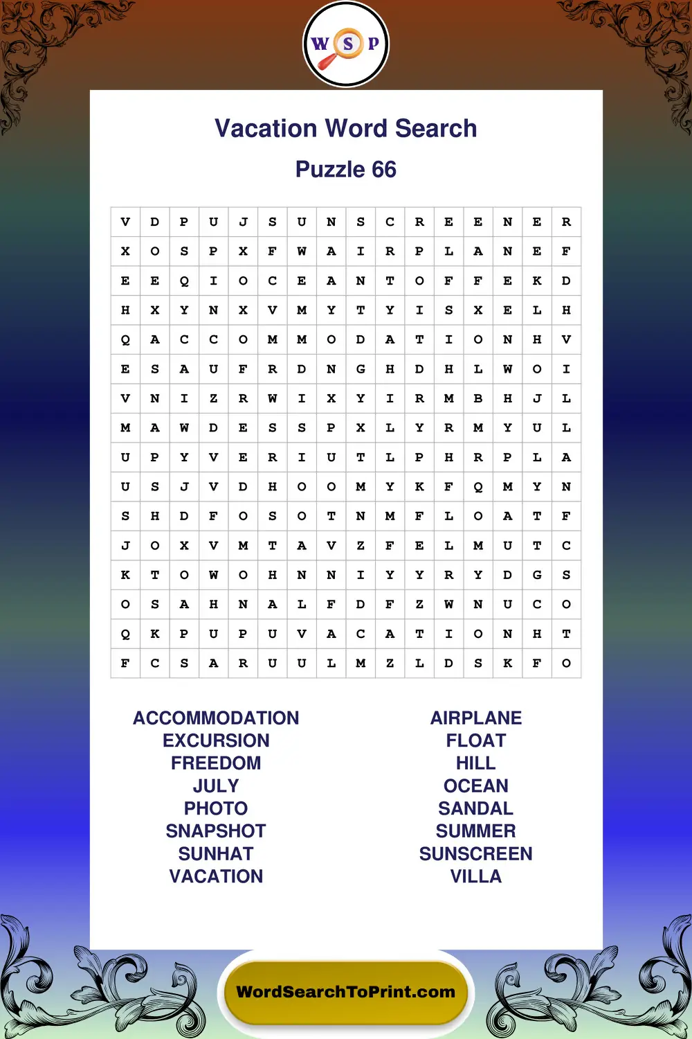 Vacation Word Search Puzzle 66