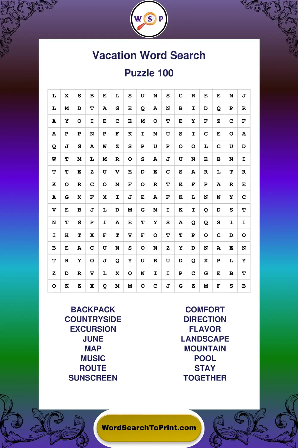 Vacation Word Search Puzzle 100
