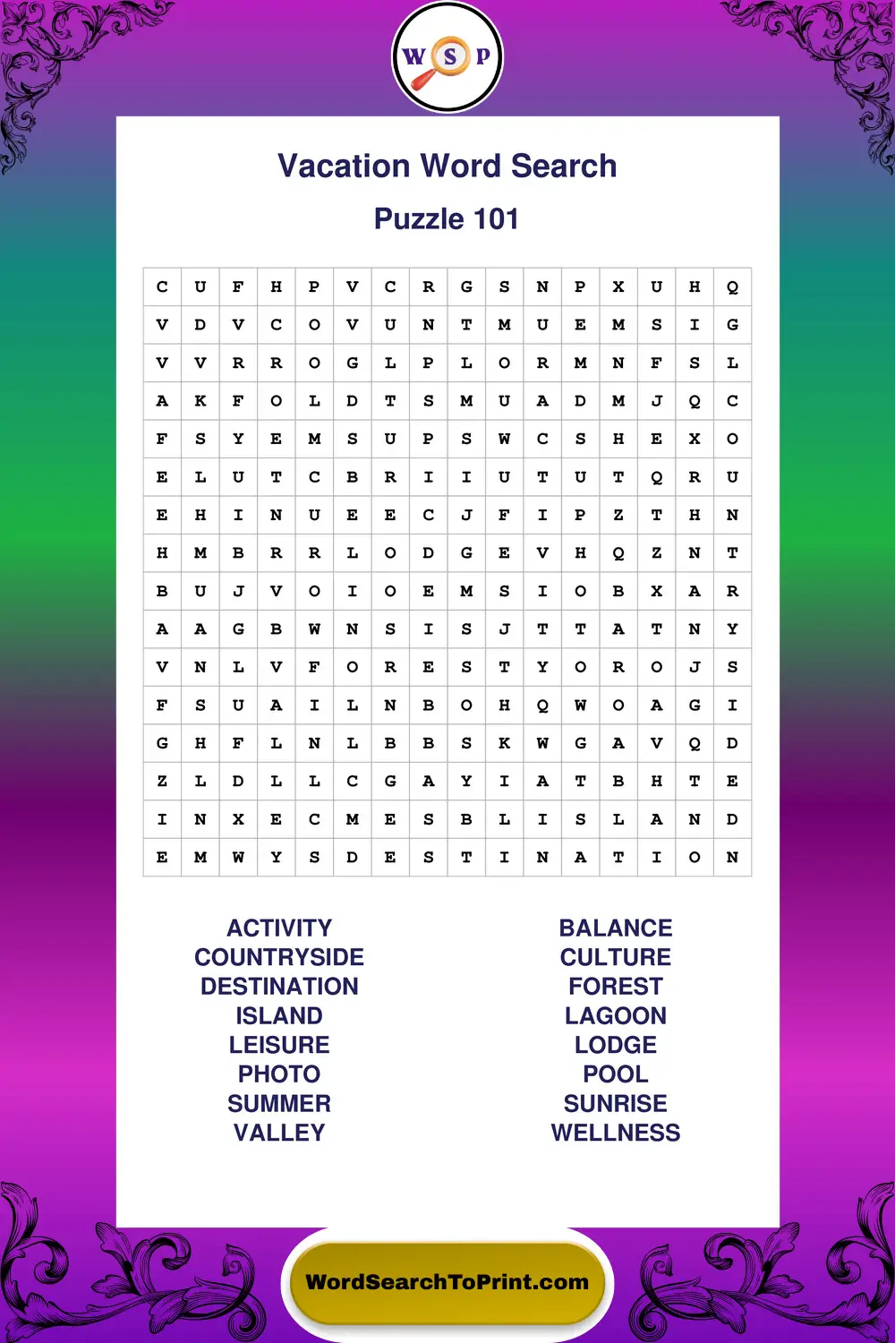 Vacation Word Search Puzzle 101