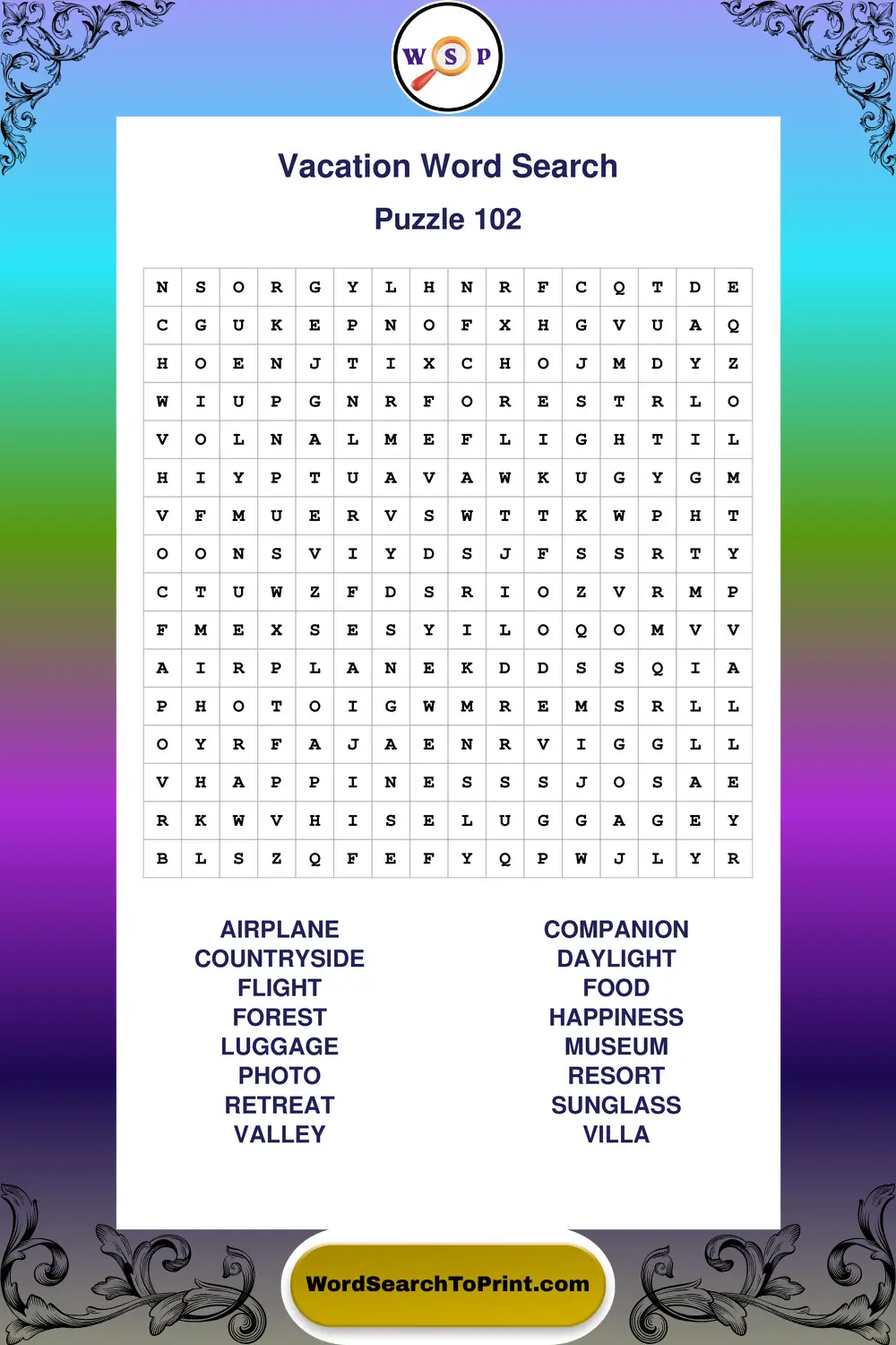 Vacation Word Search Puzzle 102