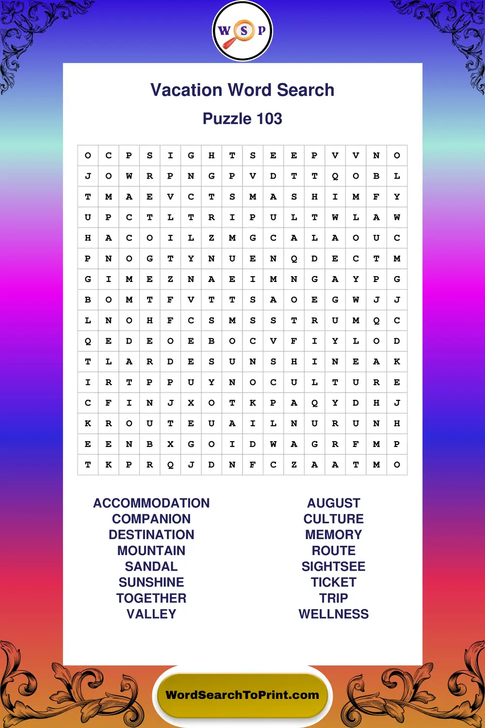 Vacation Word Search Puzzle 103