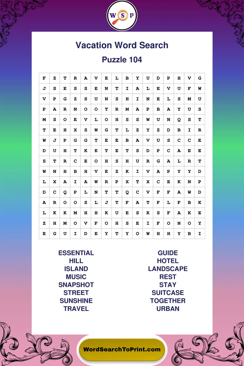 Vacation Word Search Puzzle 104