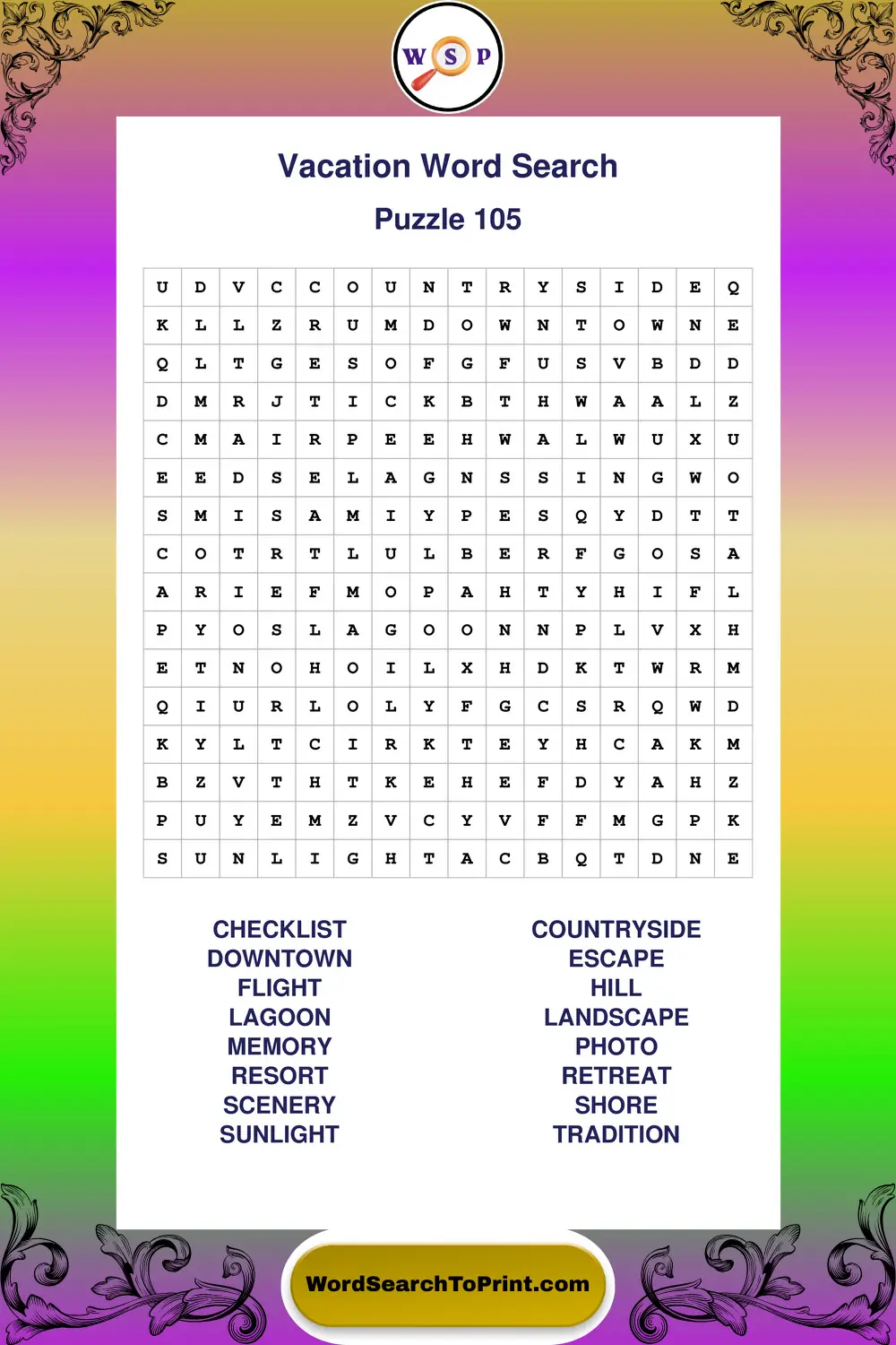 Vacation Word Search Puzzle 105
