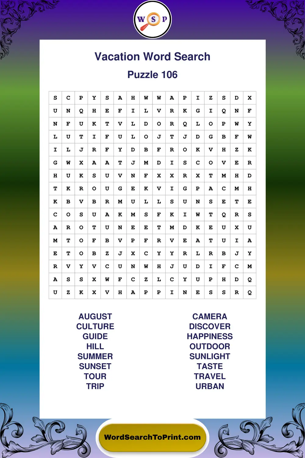 Vacation Word Search Puzzle 106