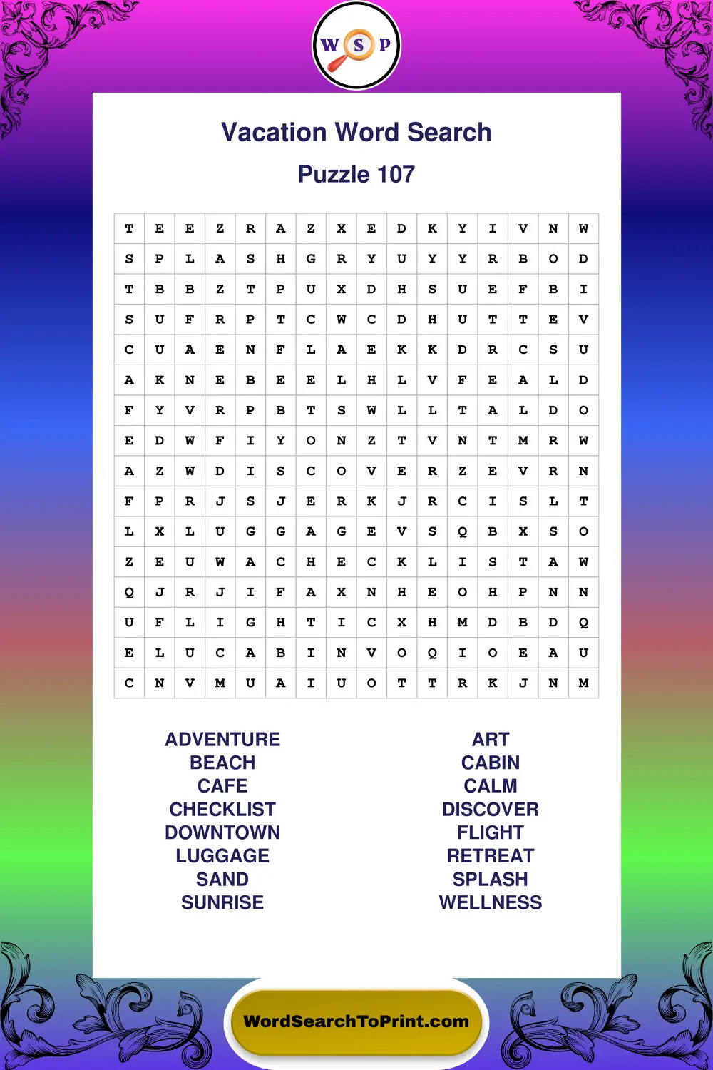 Vacation Word Search Puzzle 107