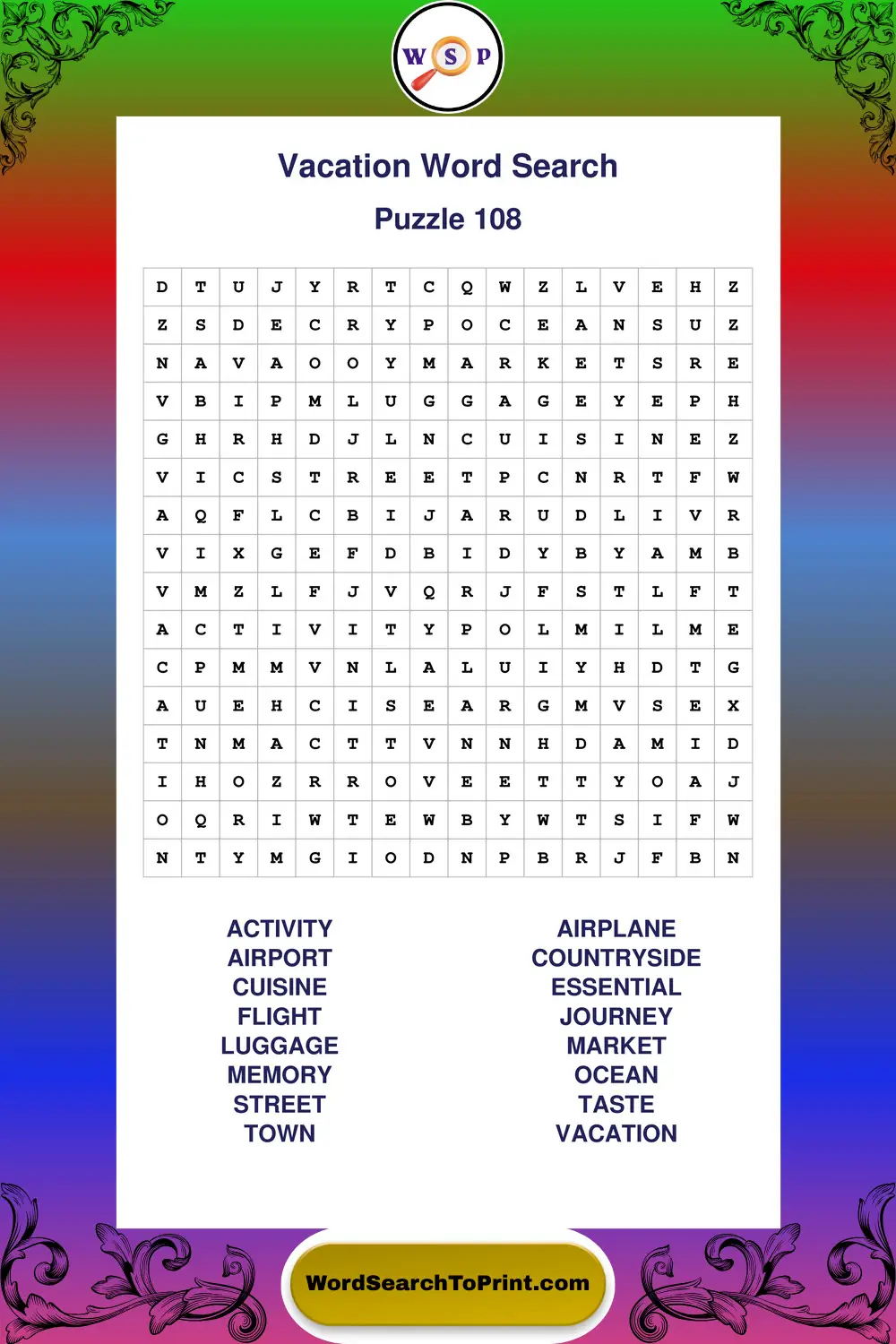 Vacation Word Search Puzzle 108