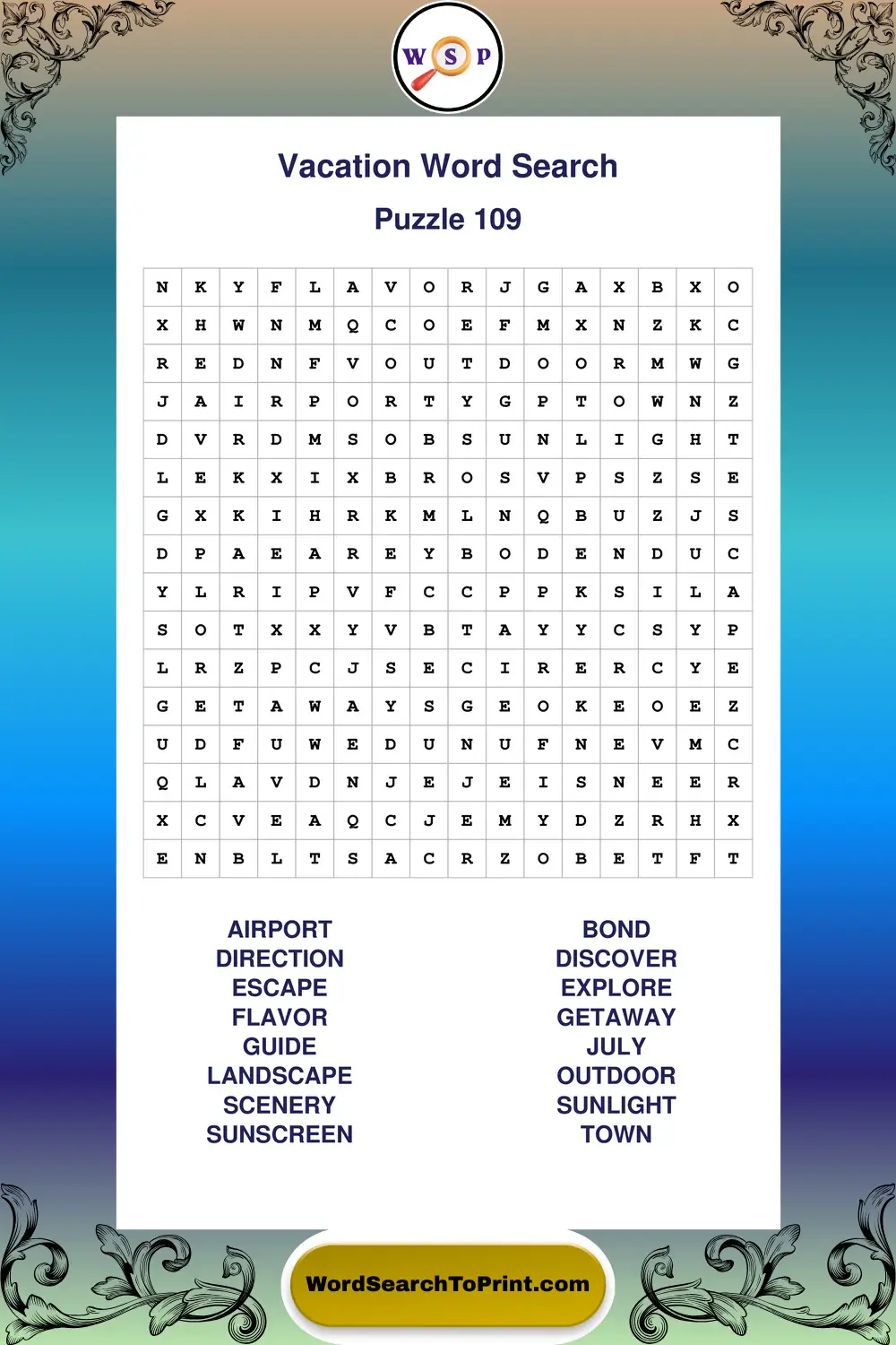 Vacation Word Search Puzzle 109