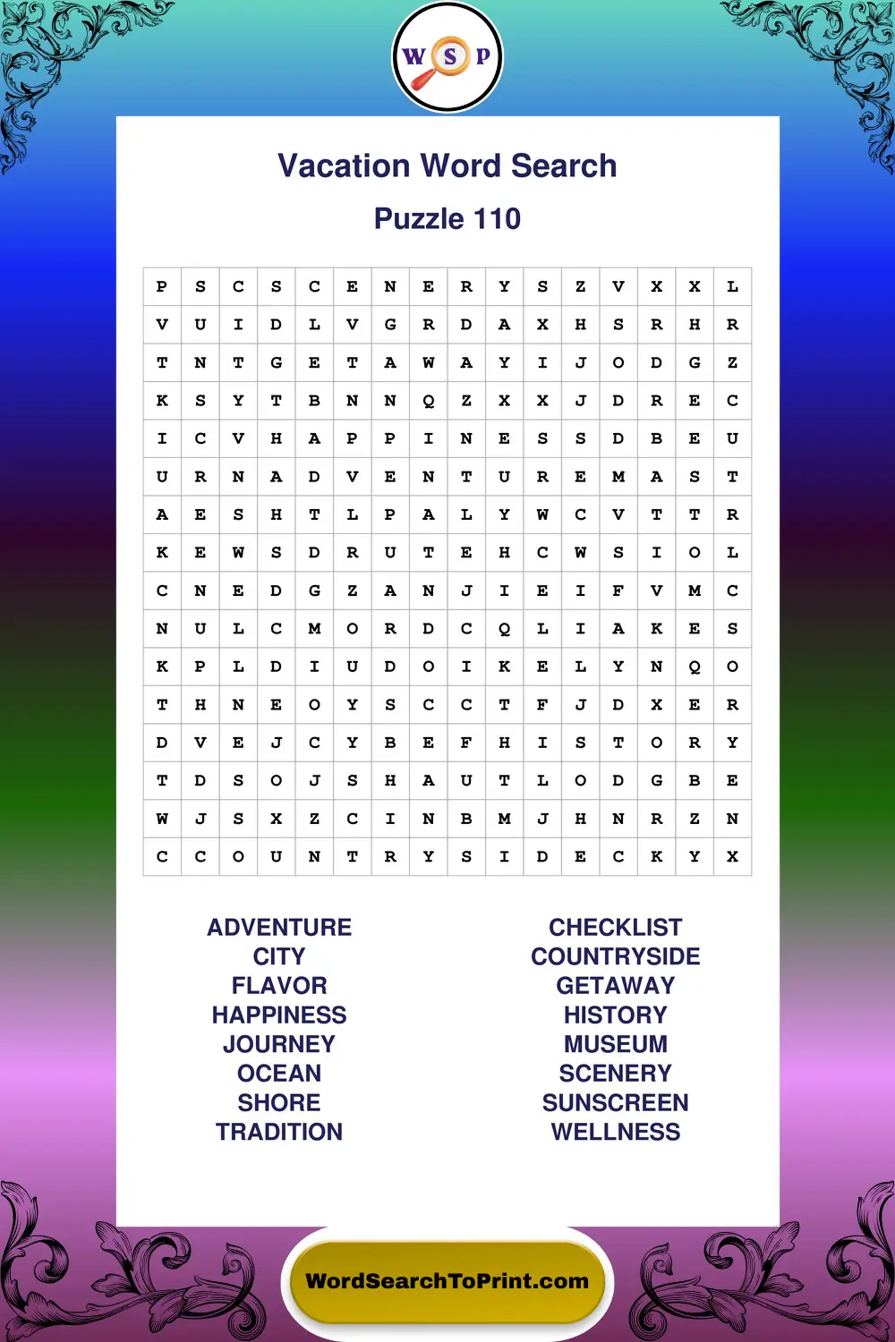 Vacation Word Search Puzzle 110