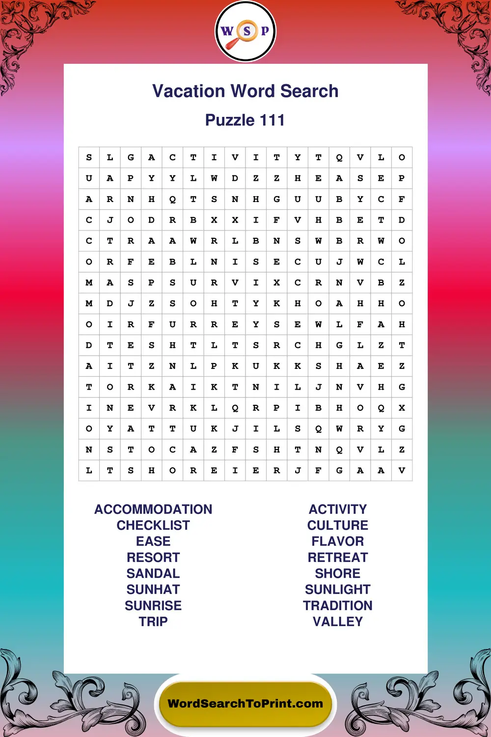 Vacation Word Search Puzzle 111