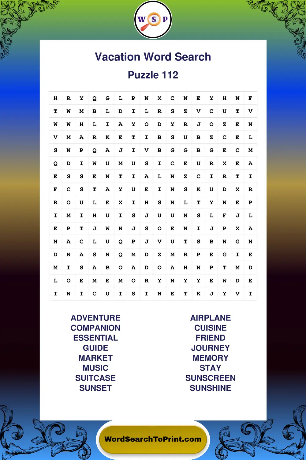 Vacation Word Search Puzzle 112
