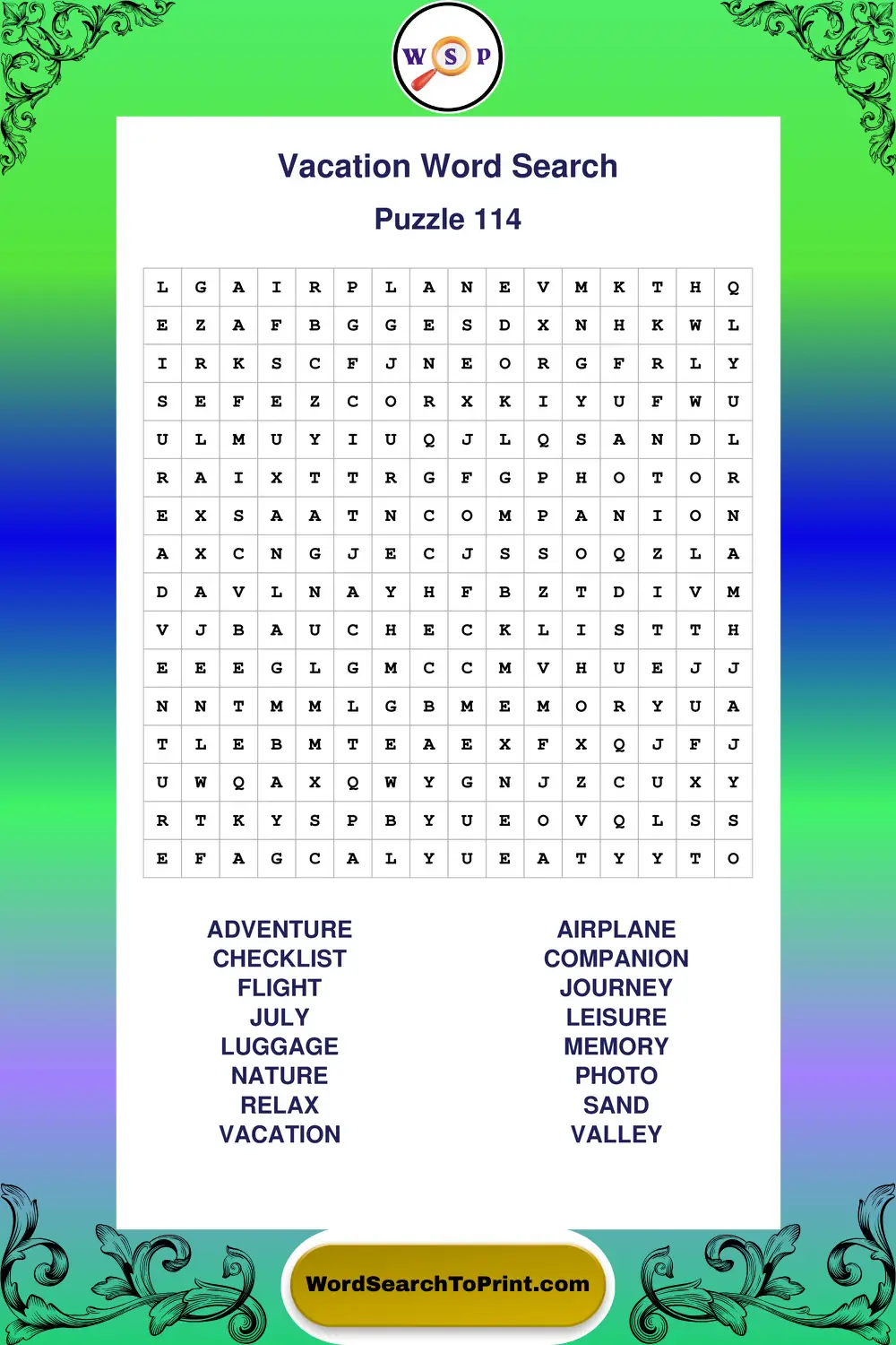 Vacation Word Search Puzzle 114