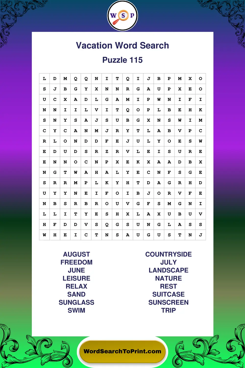 Vacation Word Search Puzzle 115