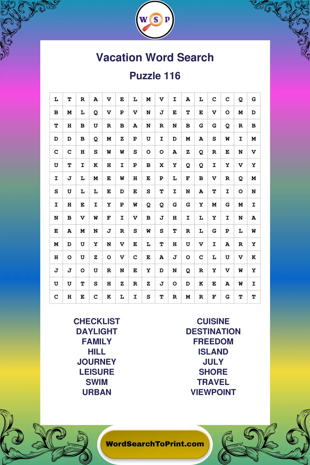 Vacation Word Search Puzzle 116