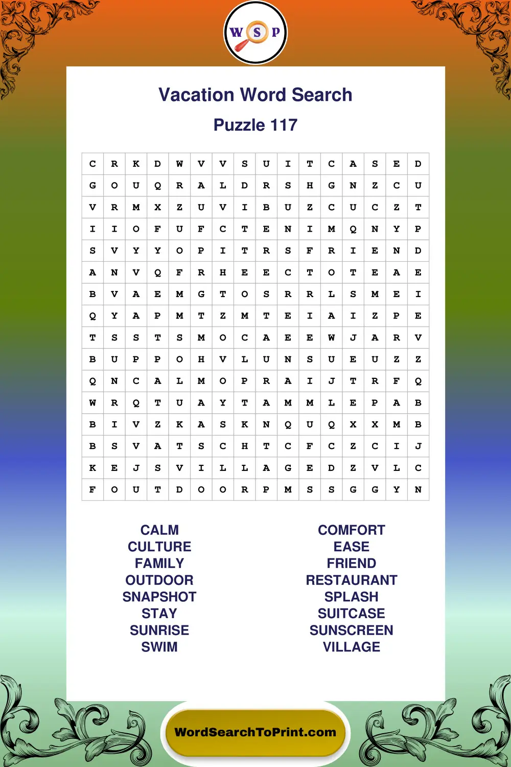 Vacation Word Search Puzzle 117