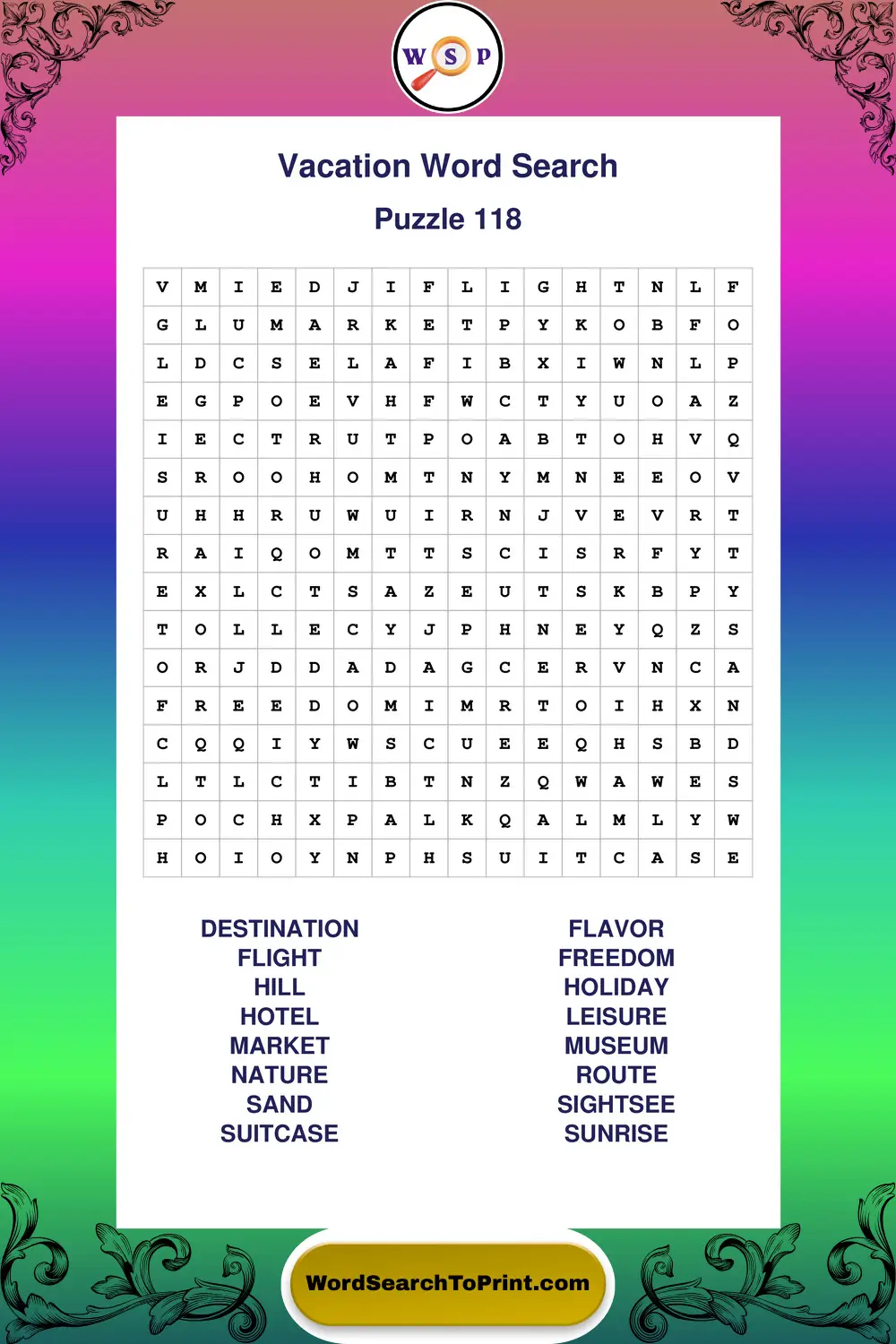 Vacation Word Search Puzzle 118