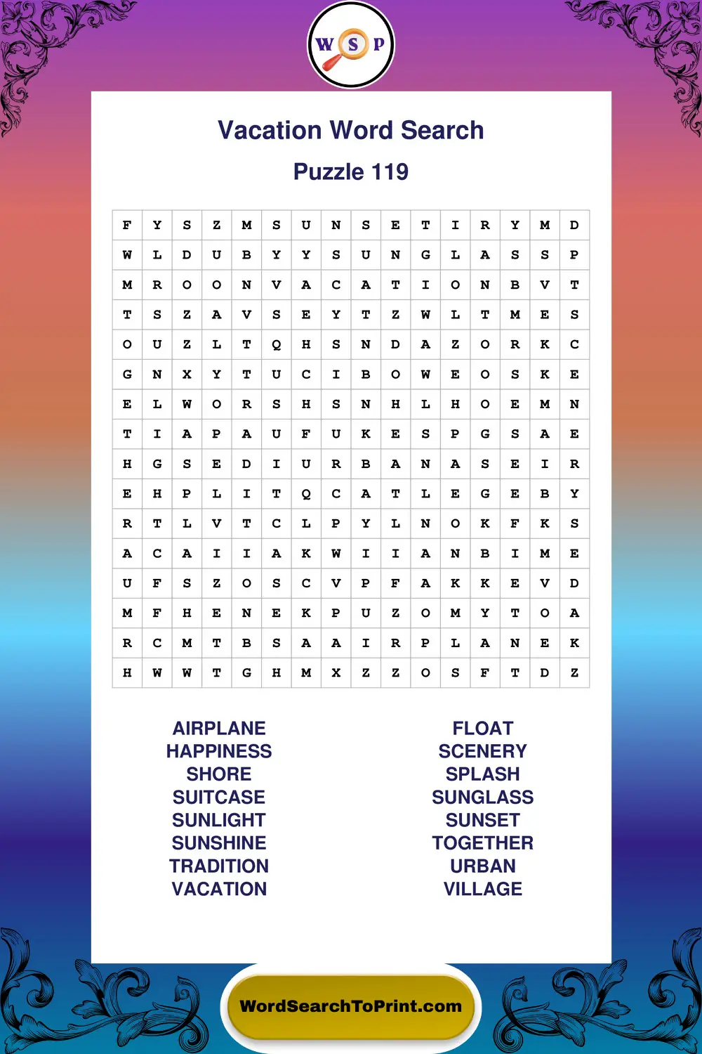 Vacation Word Search Puzzle 119