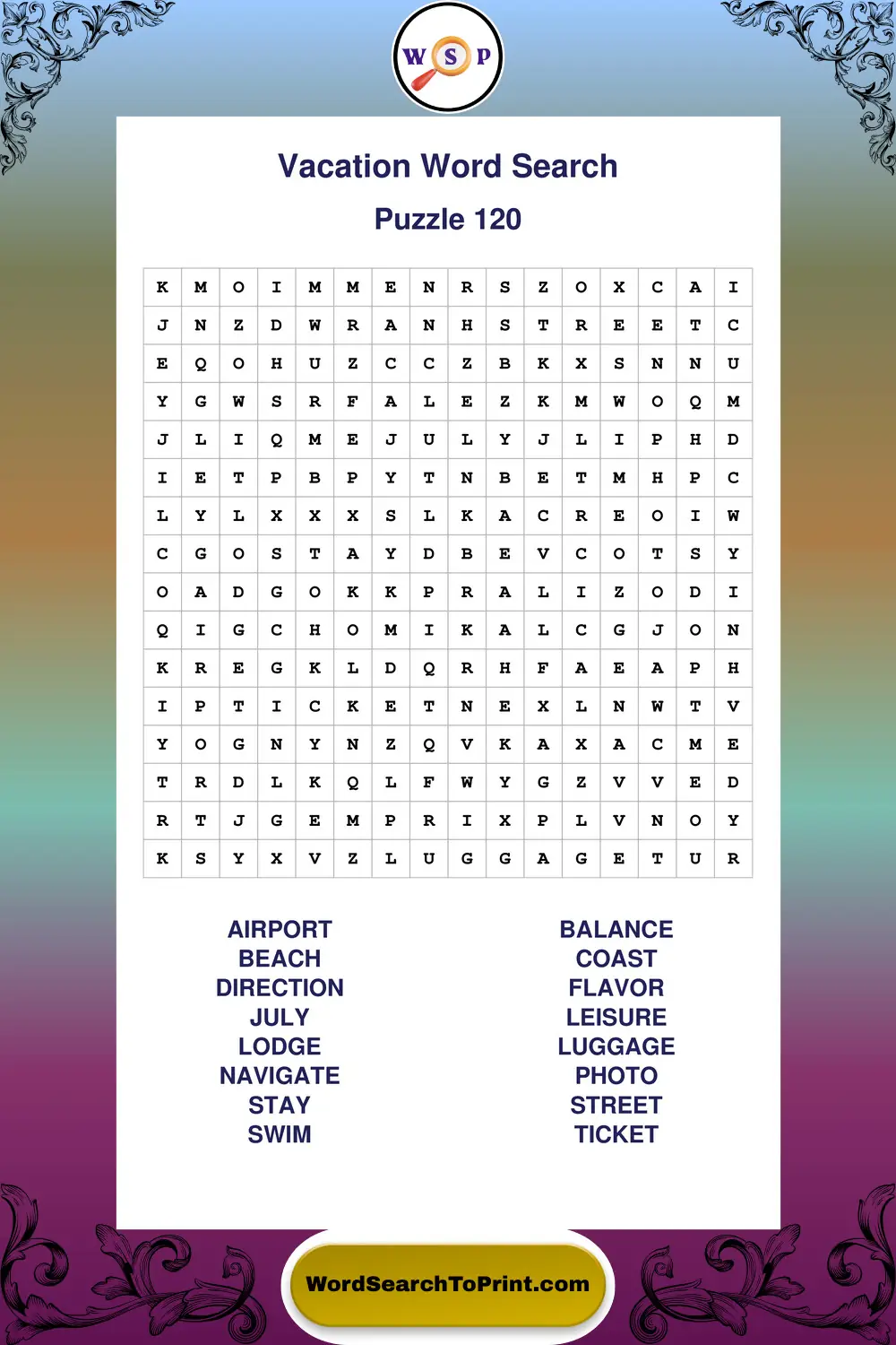 Vacation Word Search Puzzle 120