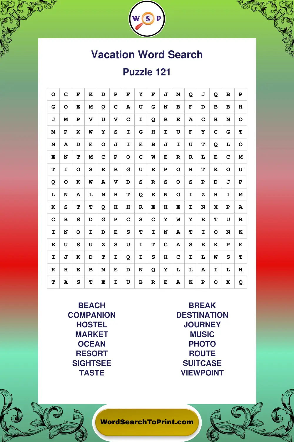 Vacation Word Search Puzzle 121