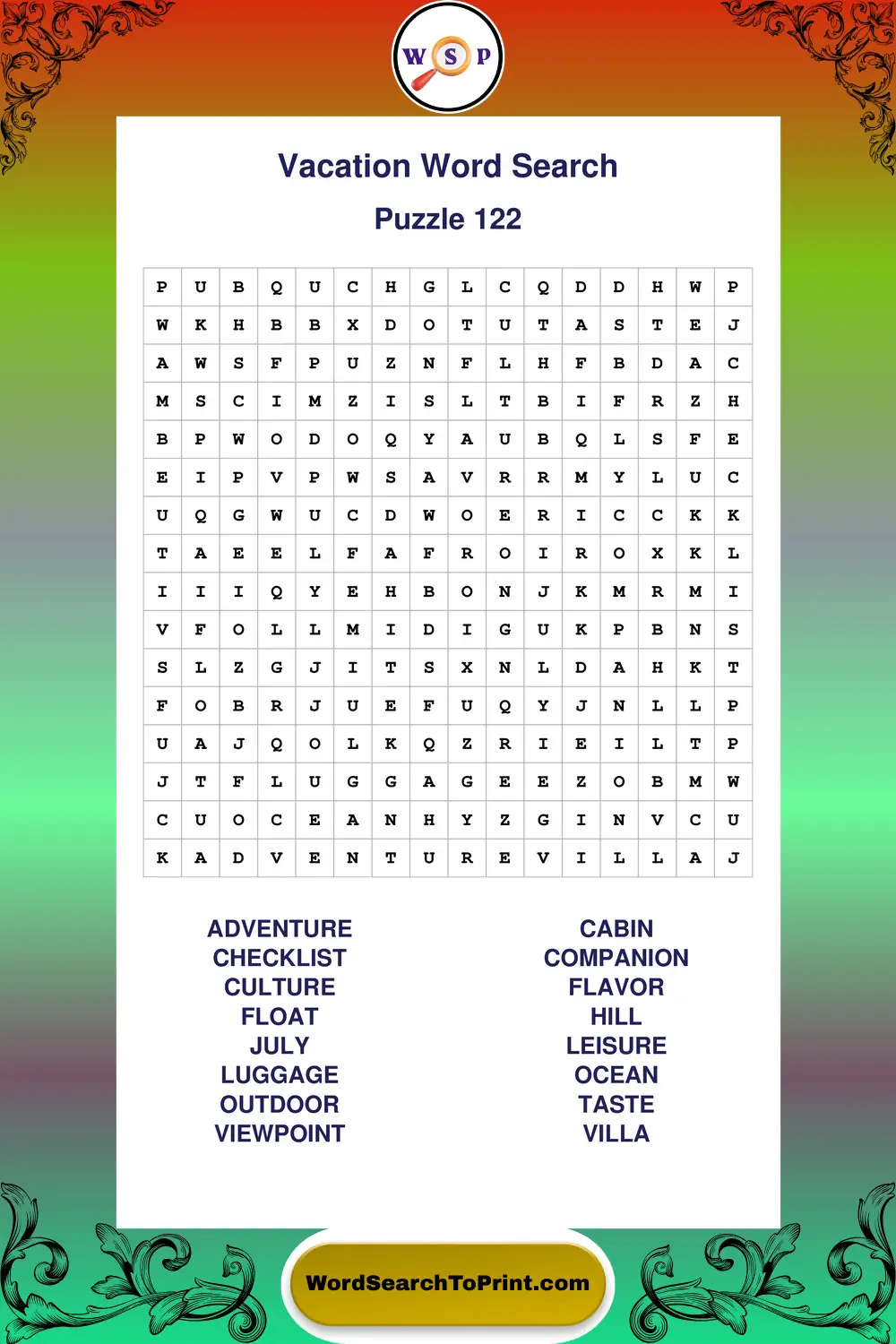 Vacation Word Search Puzzle 122