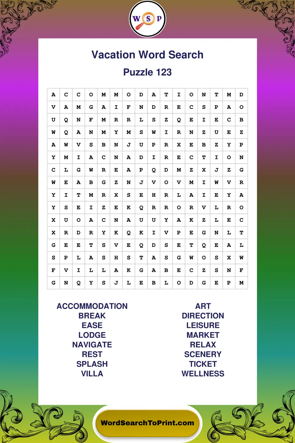 Vacation Word Search Puzzle 123