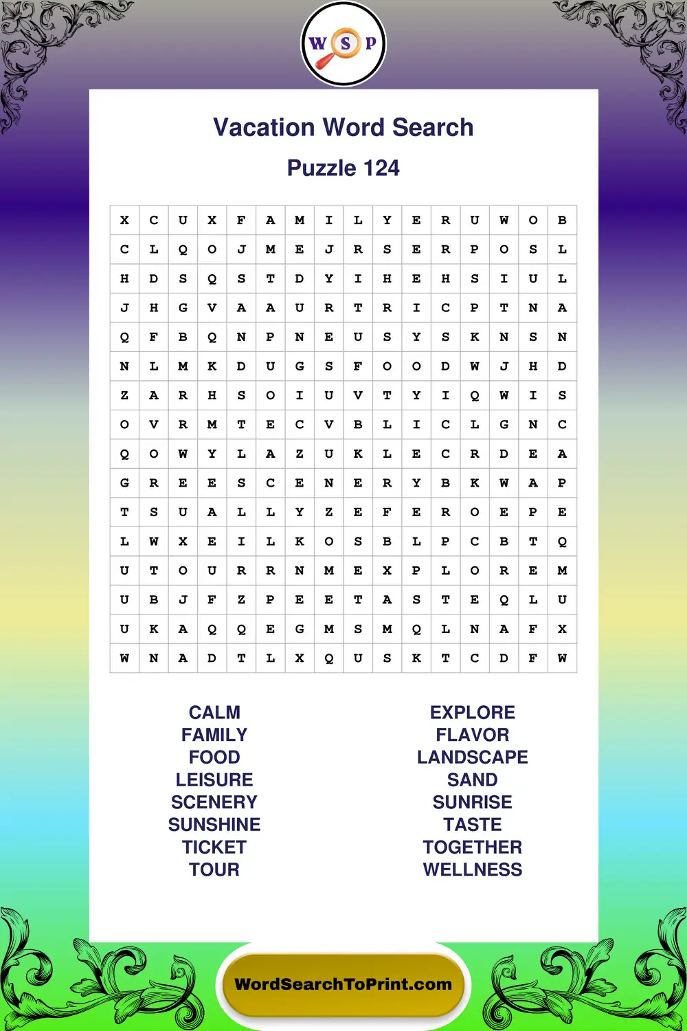 Vacation Word Search Puzzle 124