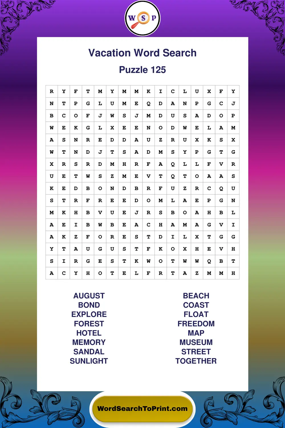 Vacation Word Search Puzzle 125