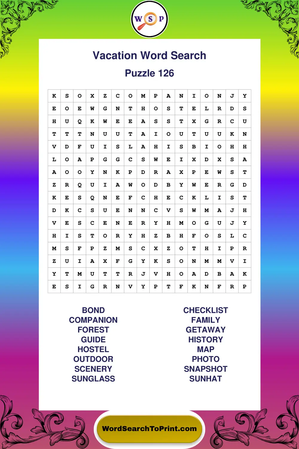 Vacation Word Search Puzzle 126