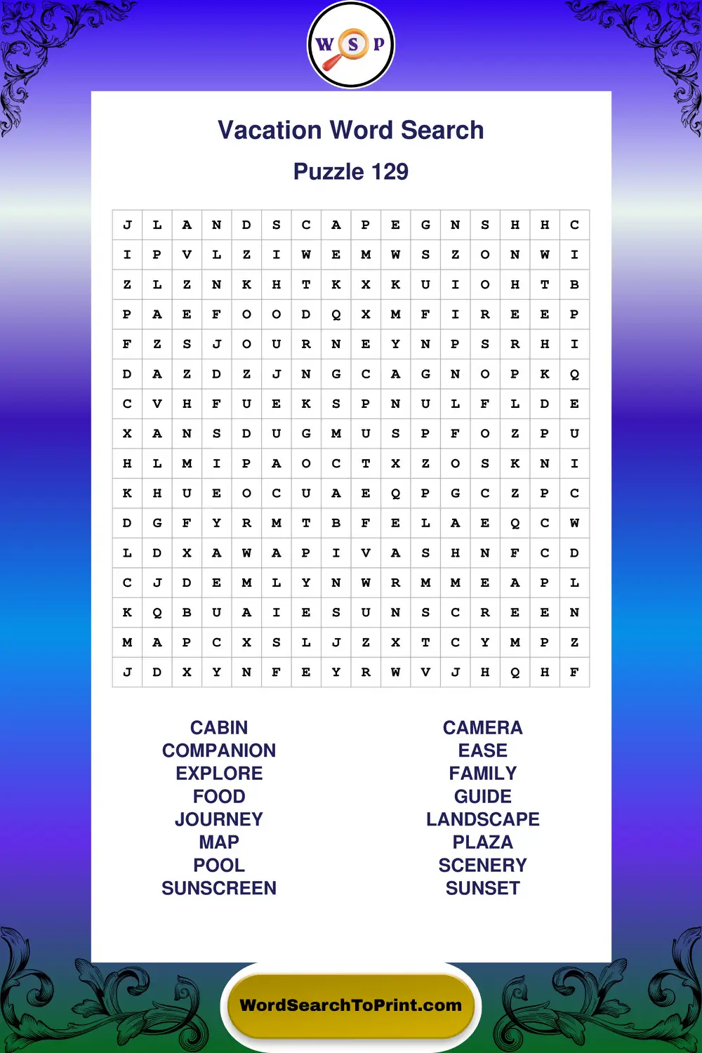 Vacation Word Search Puzzle 129