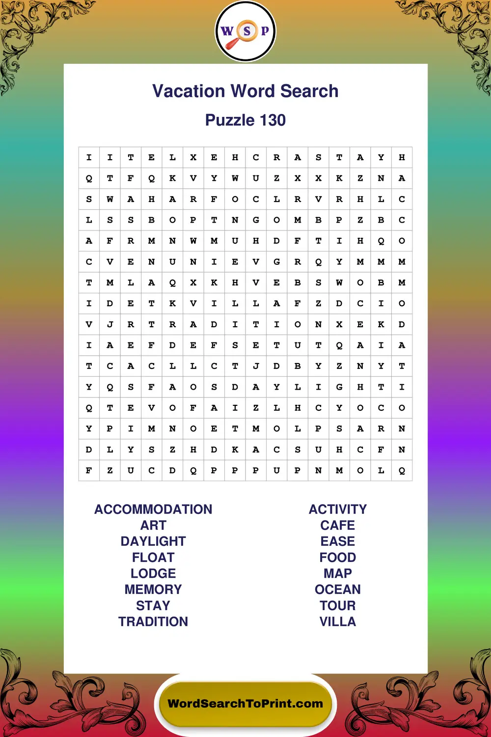Vacation Word Search Puzzle 130