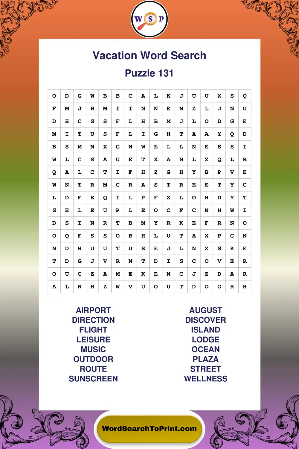 Vacation Word Search Puzzle 131