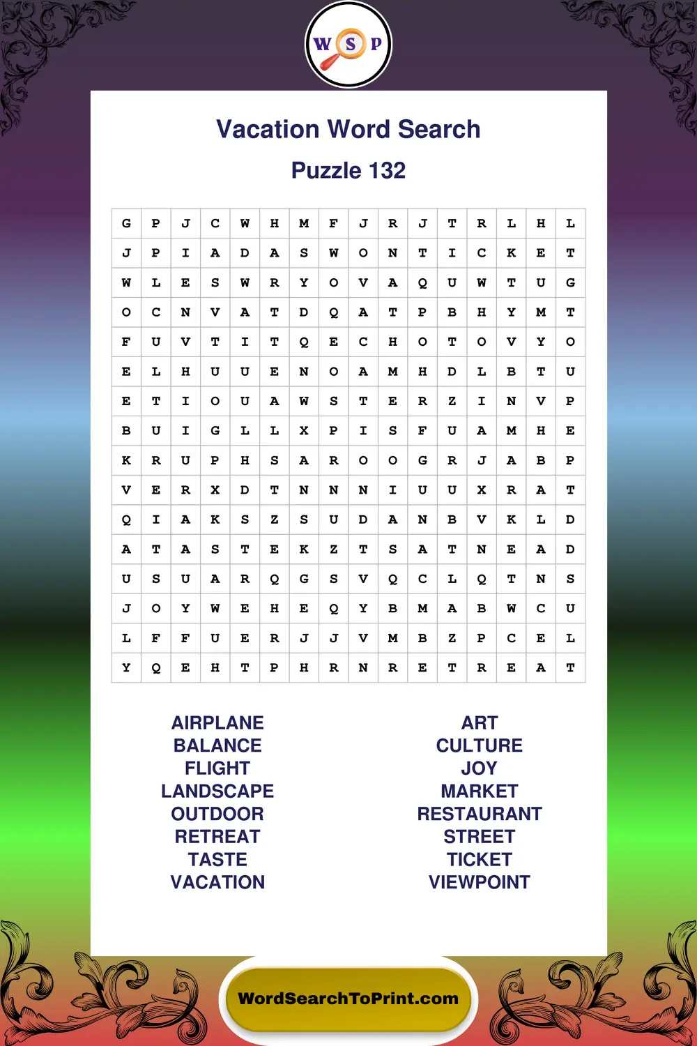 Vacation Word Search Puzzle 132