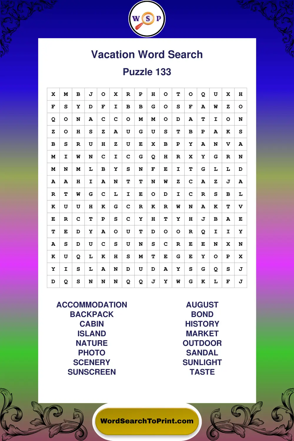 Vacation Word Search Puzzle 133