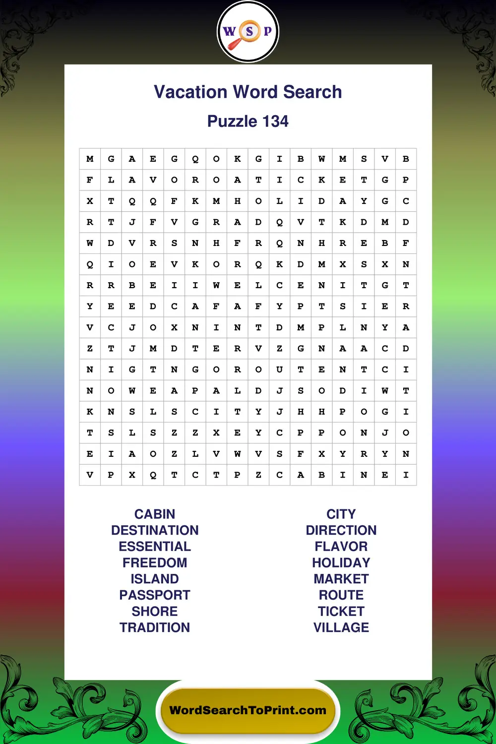 Vacation Word Search Puzzle 134
