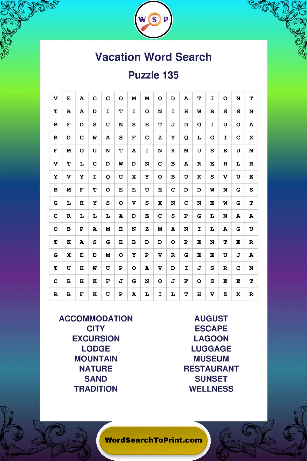 Vacation Word Search Puzzle 135