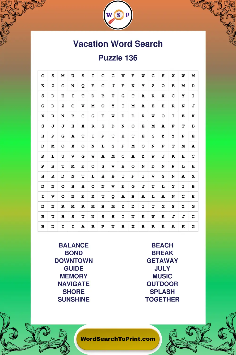 Vacation Word Search Puzzle 136