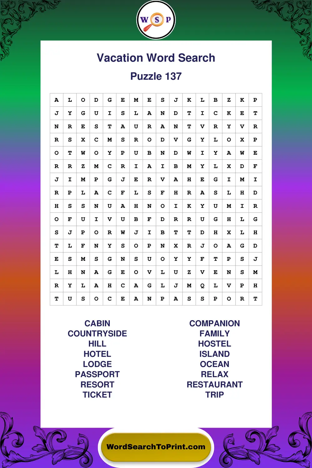 Vacation Word Search Puzzle 137