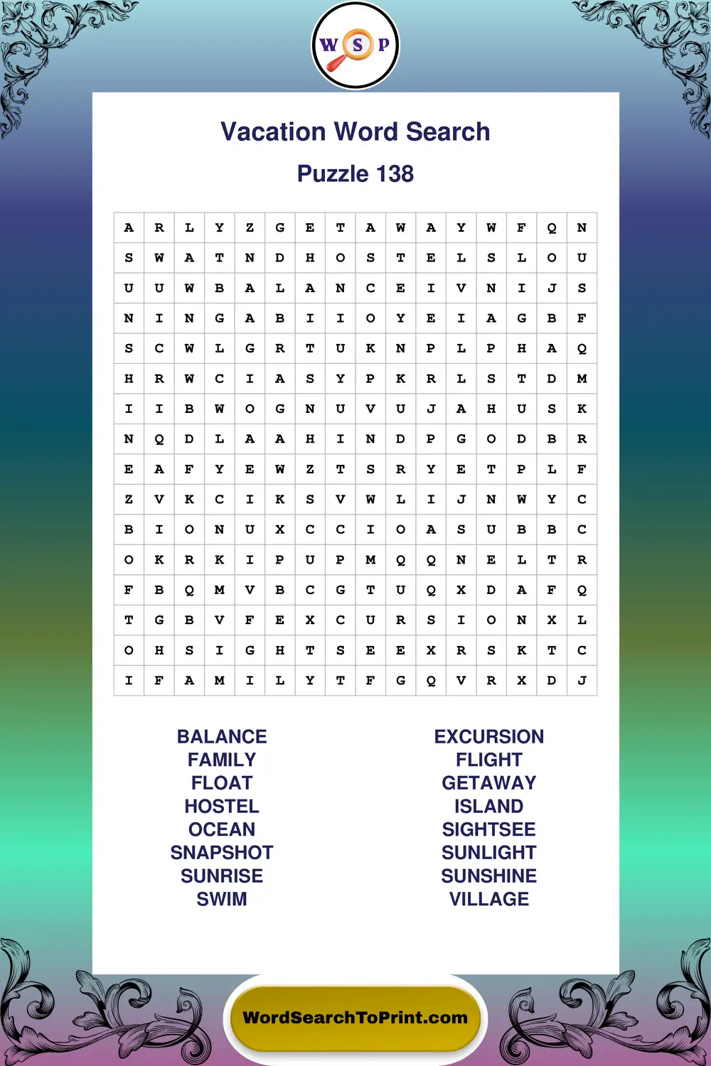 Vacation Word Search Puzzle 138