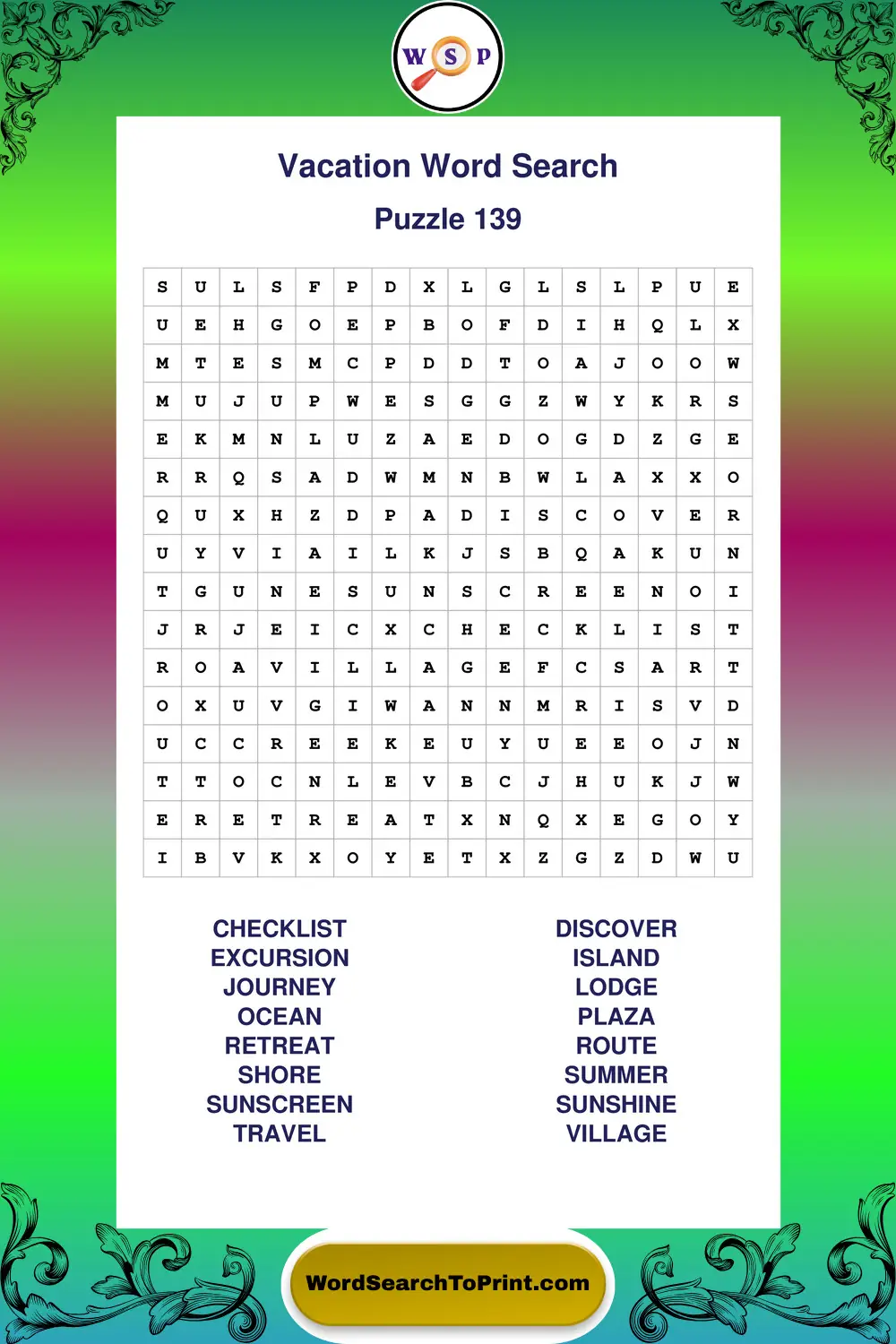 Vacation Word Search Puzzle 139
