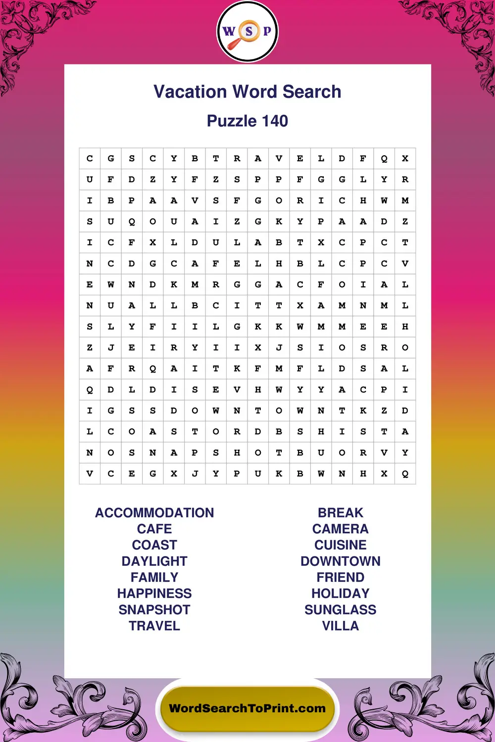Vacation Word Search Puzzle 140
