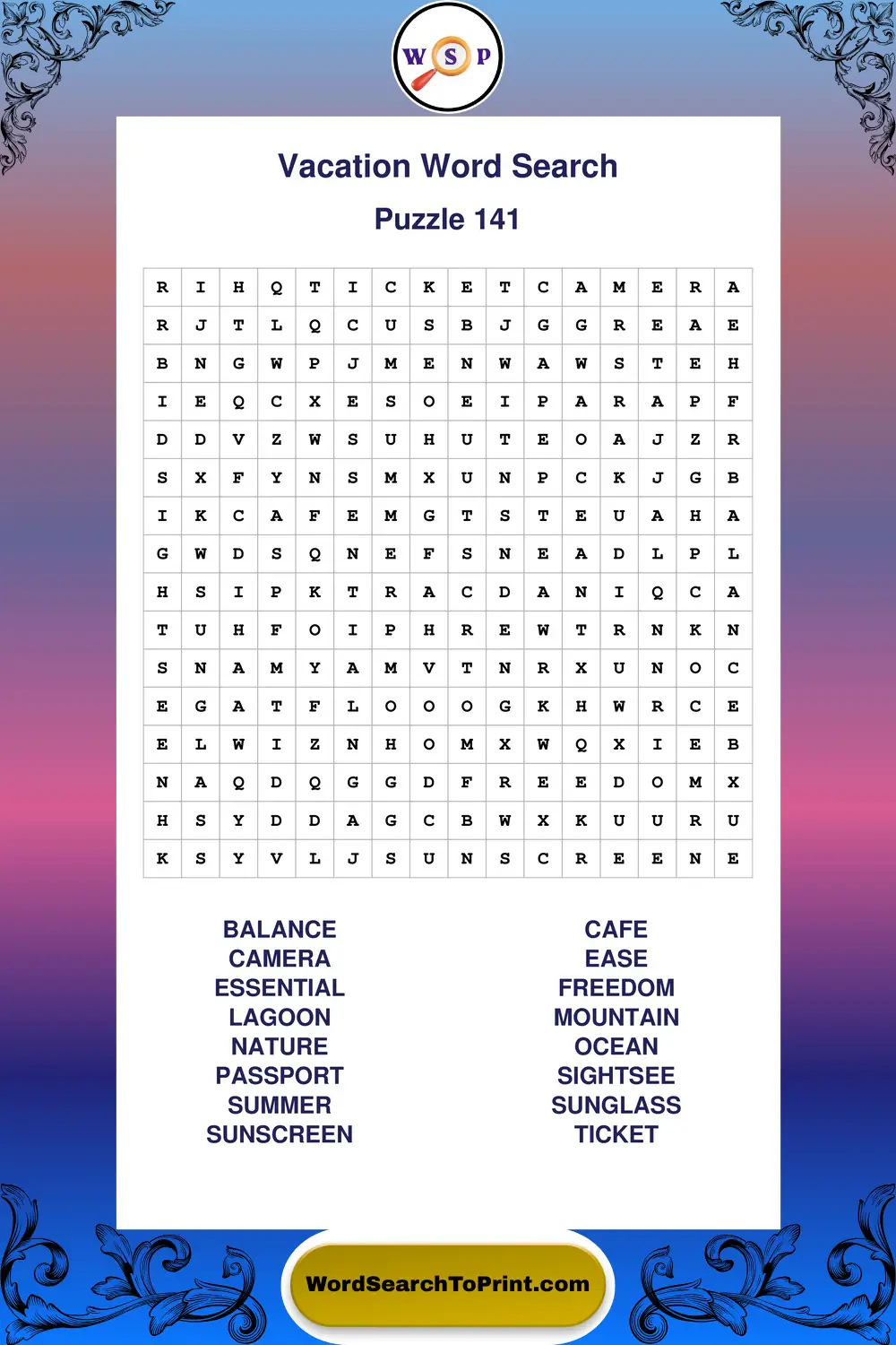 Vacation Word Search Puzzle 141
