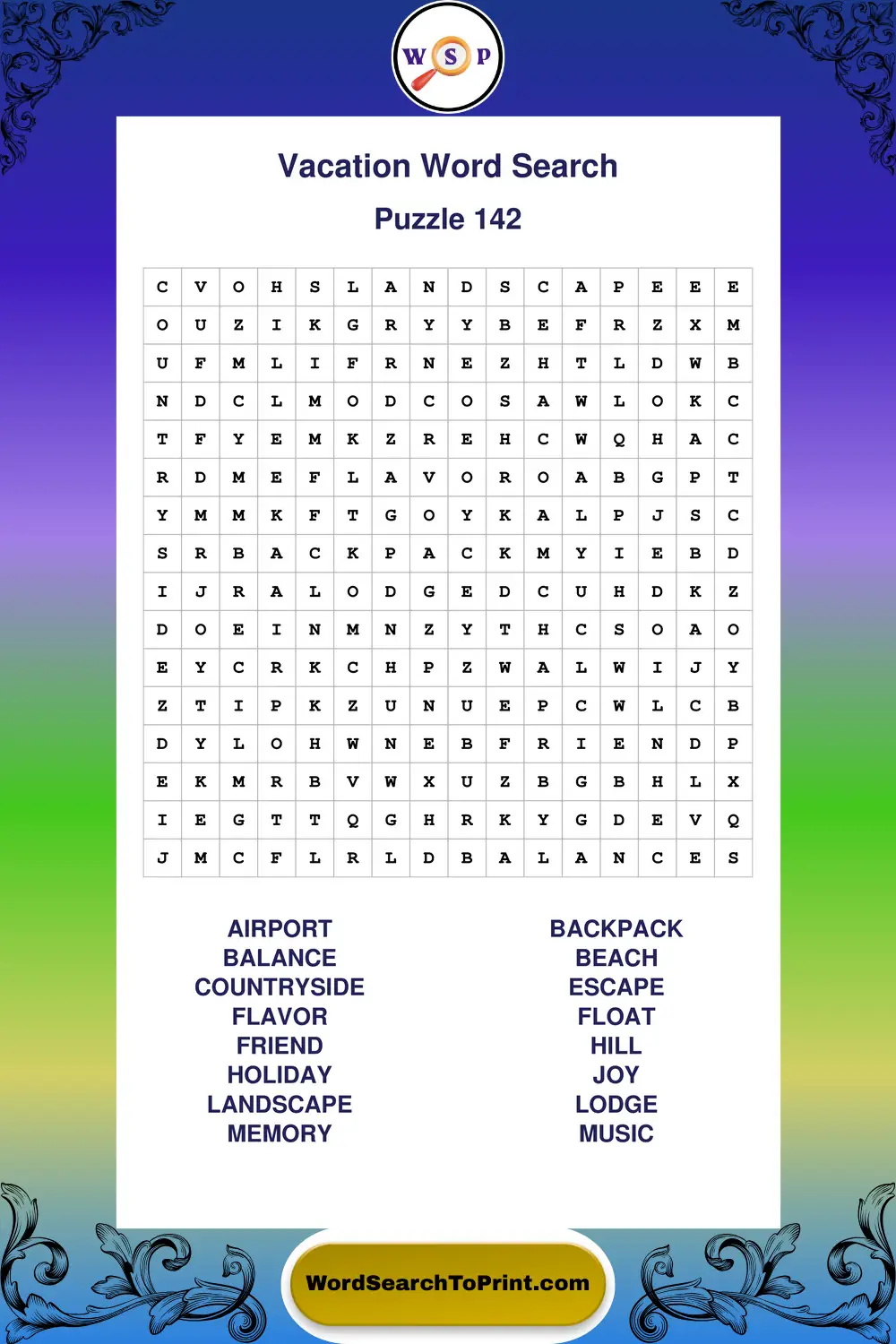 Vacation Word Search Puzzle 142