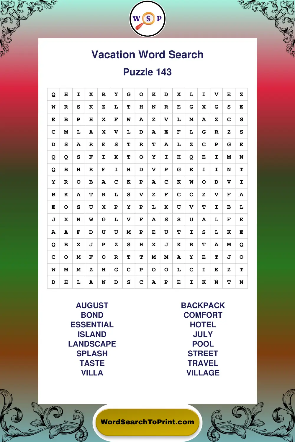 Vacation Word Search Puzzle 143