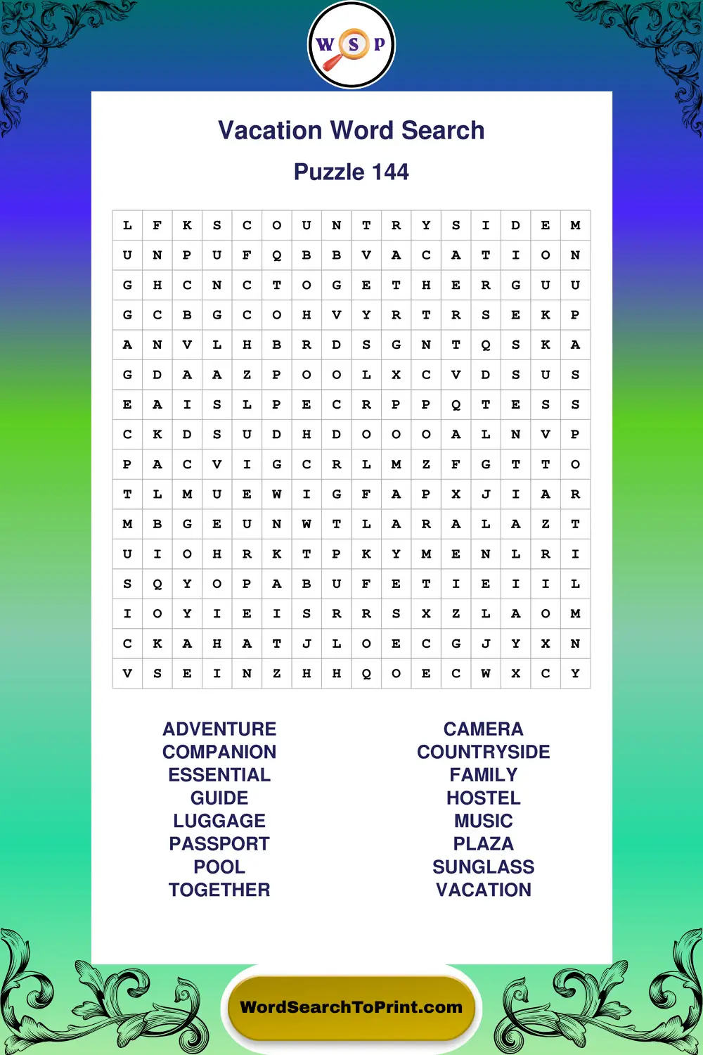Vacation Word Search Puzzle 144
