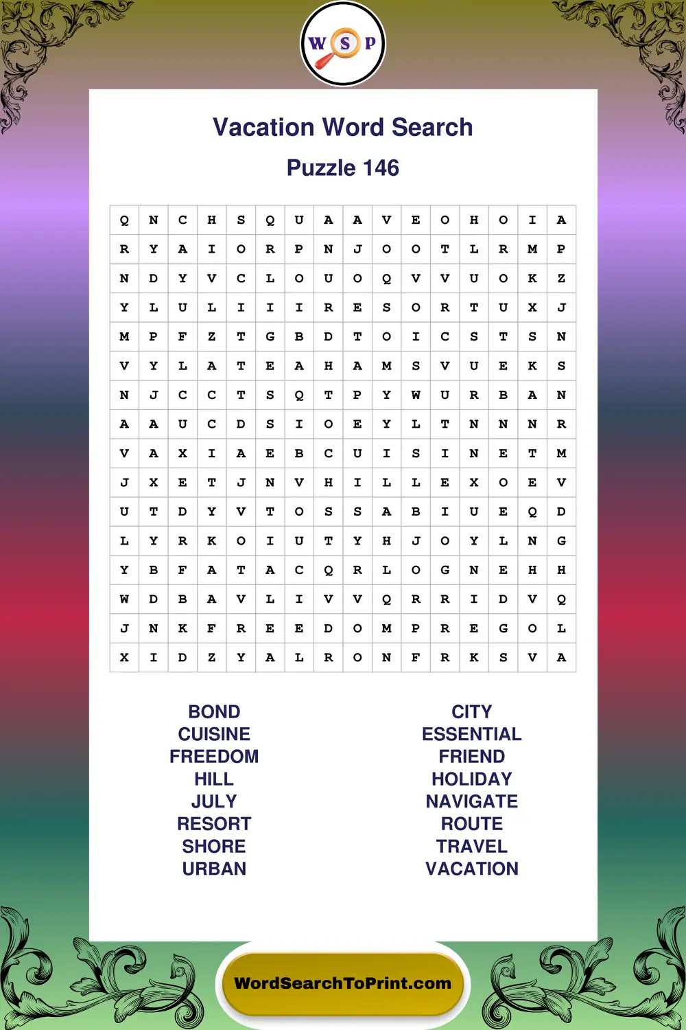 Vacation Word Search Puzzle 146