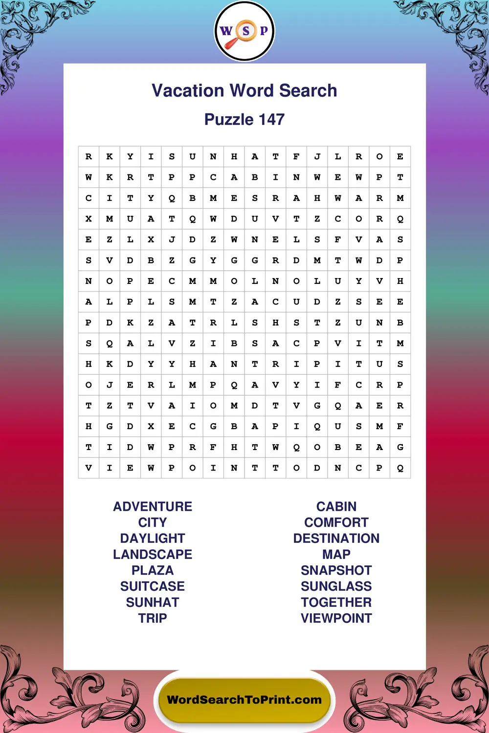 Vacation Word Search Puzzle 147