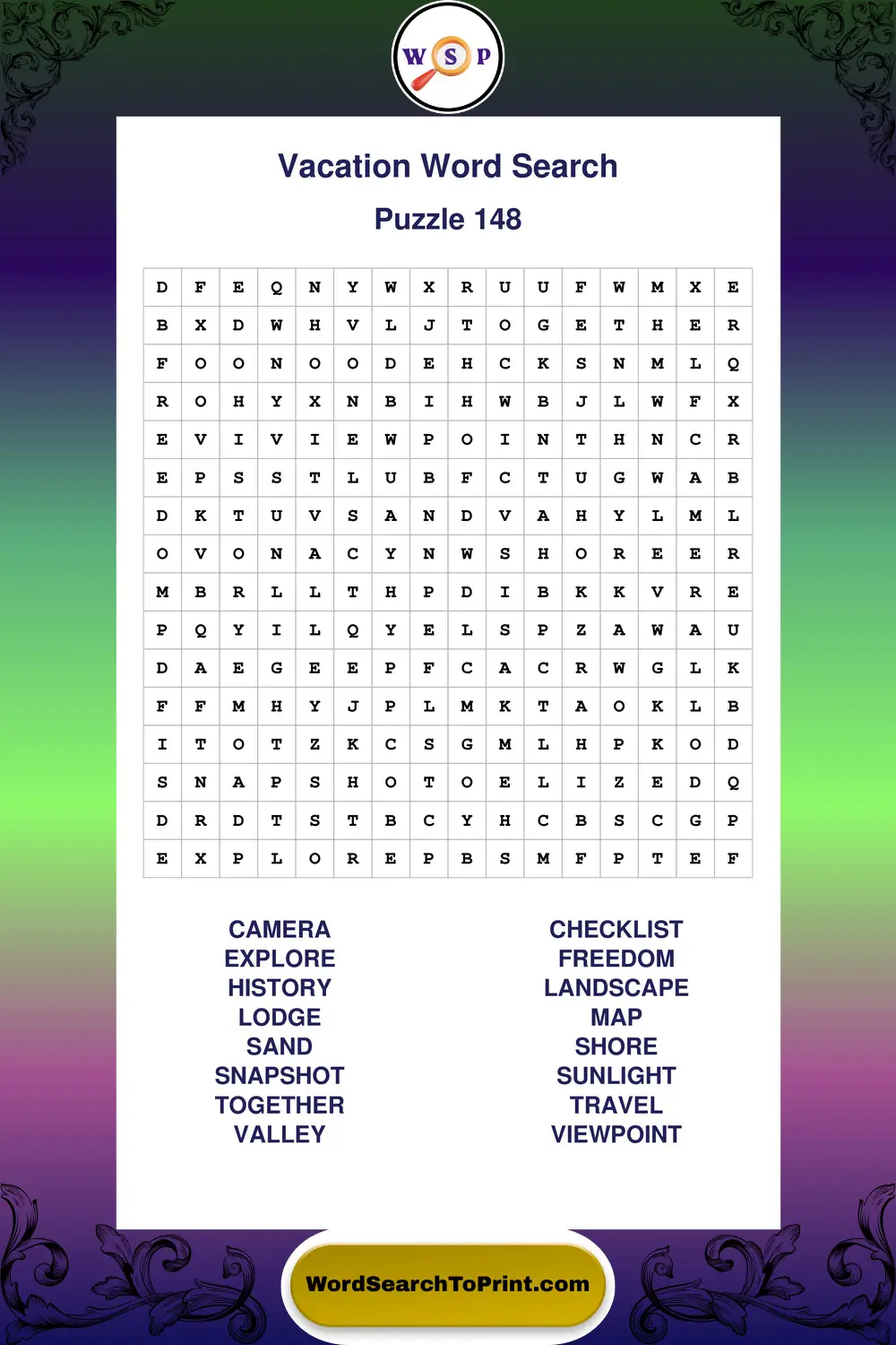 Vacation Word Search Puzzle 148